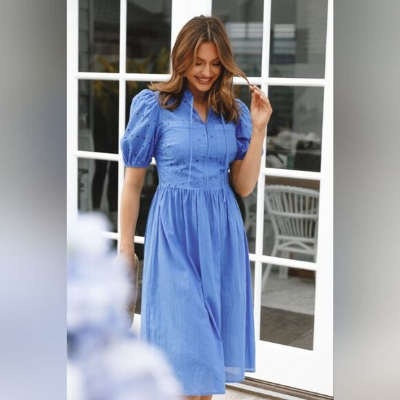 Petal‎ & Pup Dusty Blue Rebekkah Eyelet Midi Dress L/XL Cottagecore 100% Cotton - Picture 1 of 15